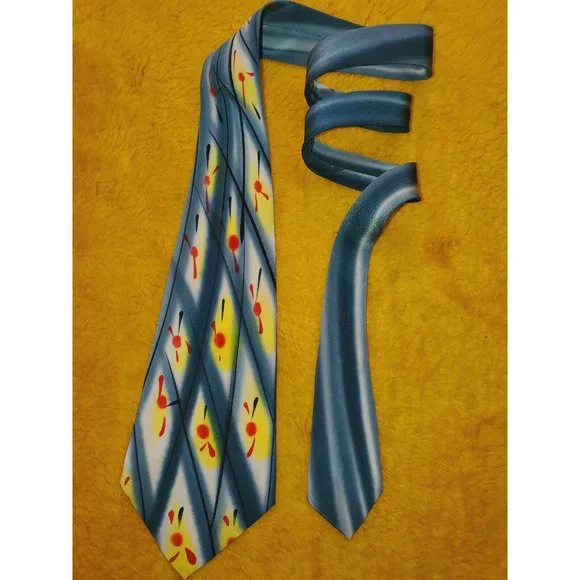 1950s HANDPAINTED SILK TIE ~ BOLD SWING SPACE AGE JAZZ ART ~GRAY RED YELLOW ~55